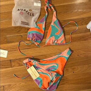 Aurelle Women's Orange Multi Tie-Back Triangle Bikini